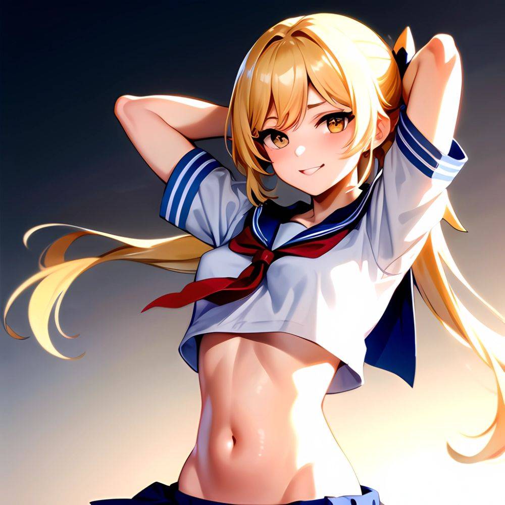 1girl Arms Up Arms Behind Head Blonde Hair Blue Skirt Bow Crop Top Crop Top Overhang Genshin Impact Gradient Background, 1190938602 - AI Hentai - #main