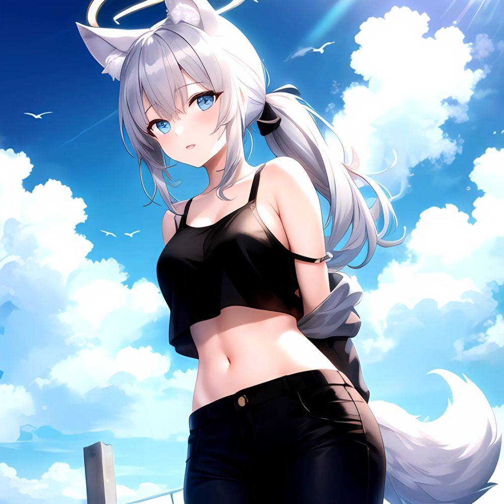 Shiroko Blue Archive 1girl Alternate Costume Animal Ear Fluff Animal Ears Arms Behind Back Black Pants Blue Eyes Blue Sky, 372839566 - AI Hentai - #main