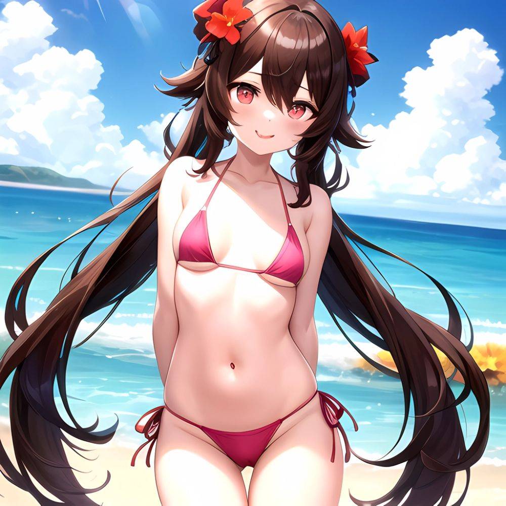 1girl Q Absurdres Arms Behind Back Bikini Blush Breasts Brown Hair Cameltoe Cleft Of Venus Covered Nipples Cowboy Shot Flower, 1490992470 - AI Hentai - #main