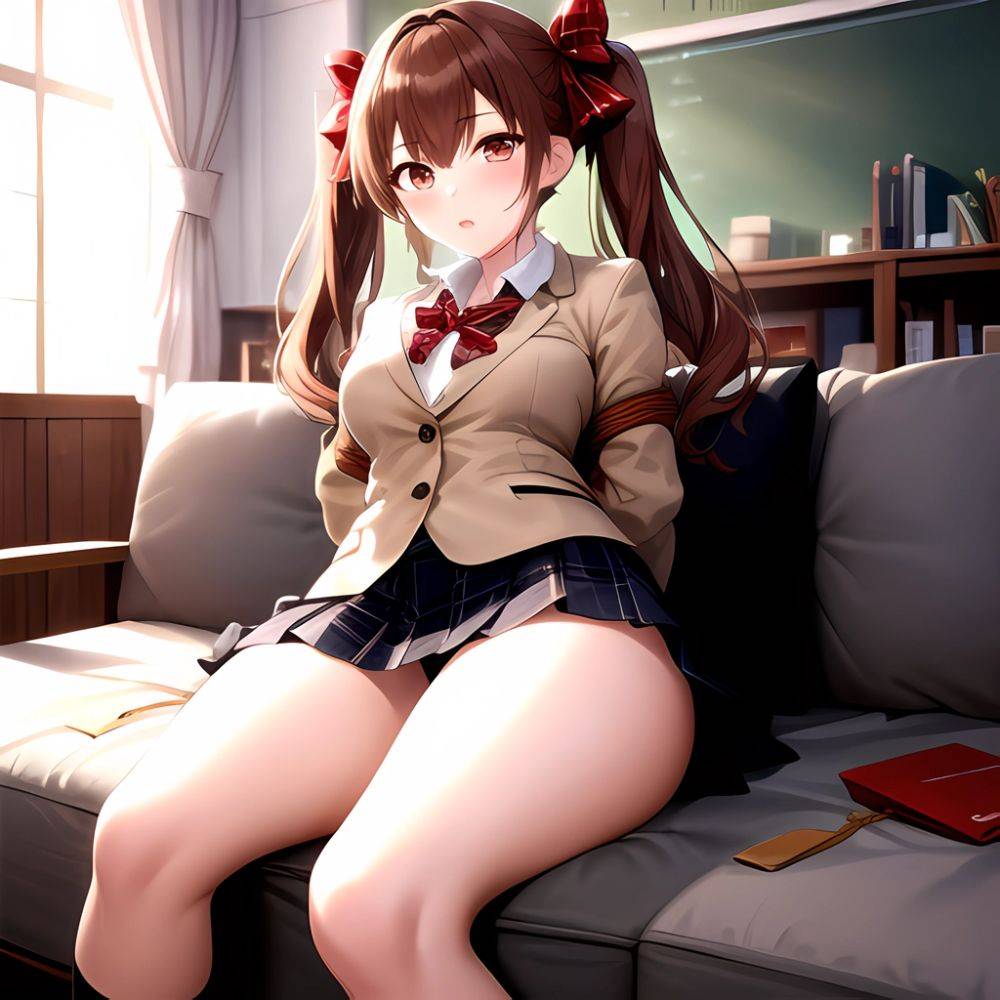 Shirai Kuroko 1girl Arms Behind Back Bdsm Black Skirt Blazer Blush Bondage Bound Bound Arms Bound Legs Bow Bowtie Brown, 2099525558 - AI Hentai - #main