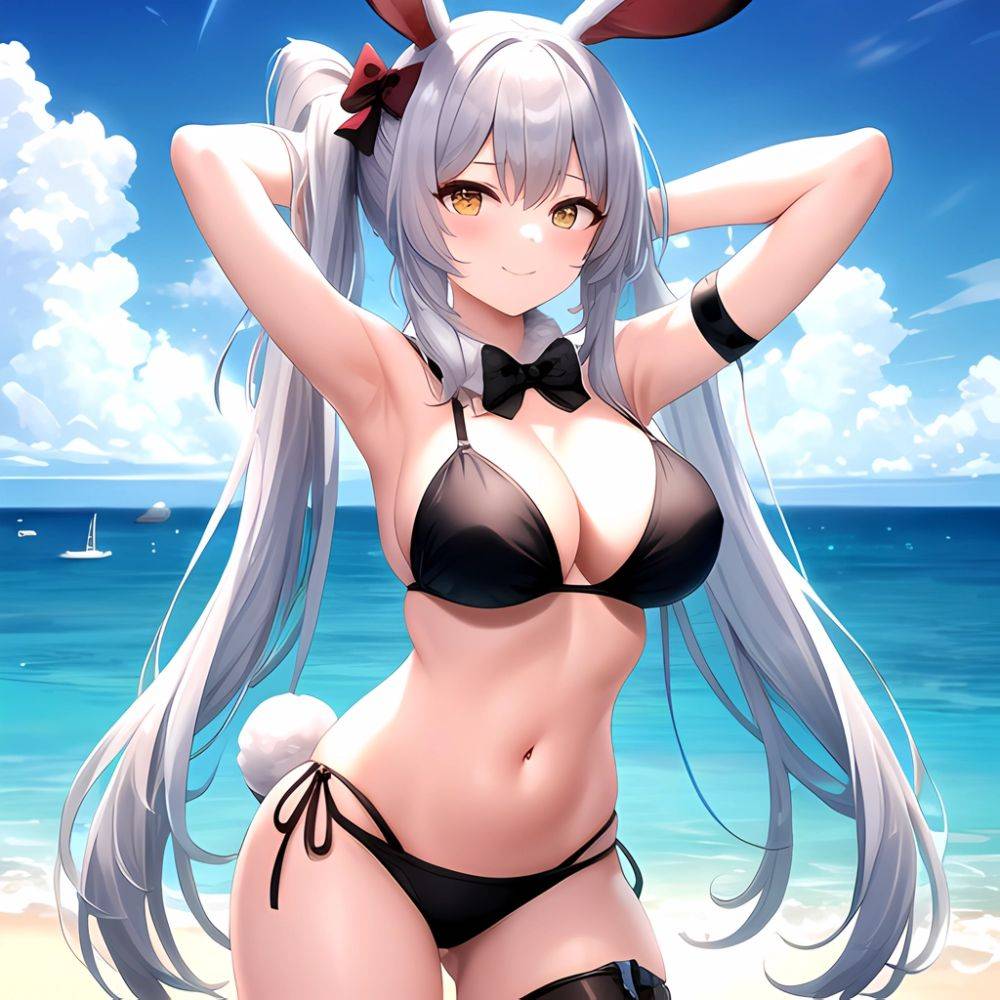 1girl Animal Ears Arms Behind Head Armpits Bare Shoulders Bikini Black Bikini Blue Bow Bow Breasts Cleavage Closed Mouth Cowboy, 4280912404 - AI Hentai - #main