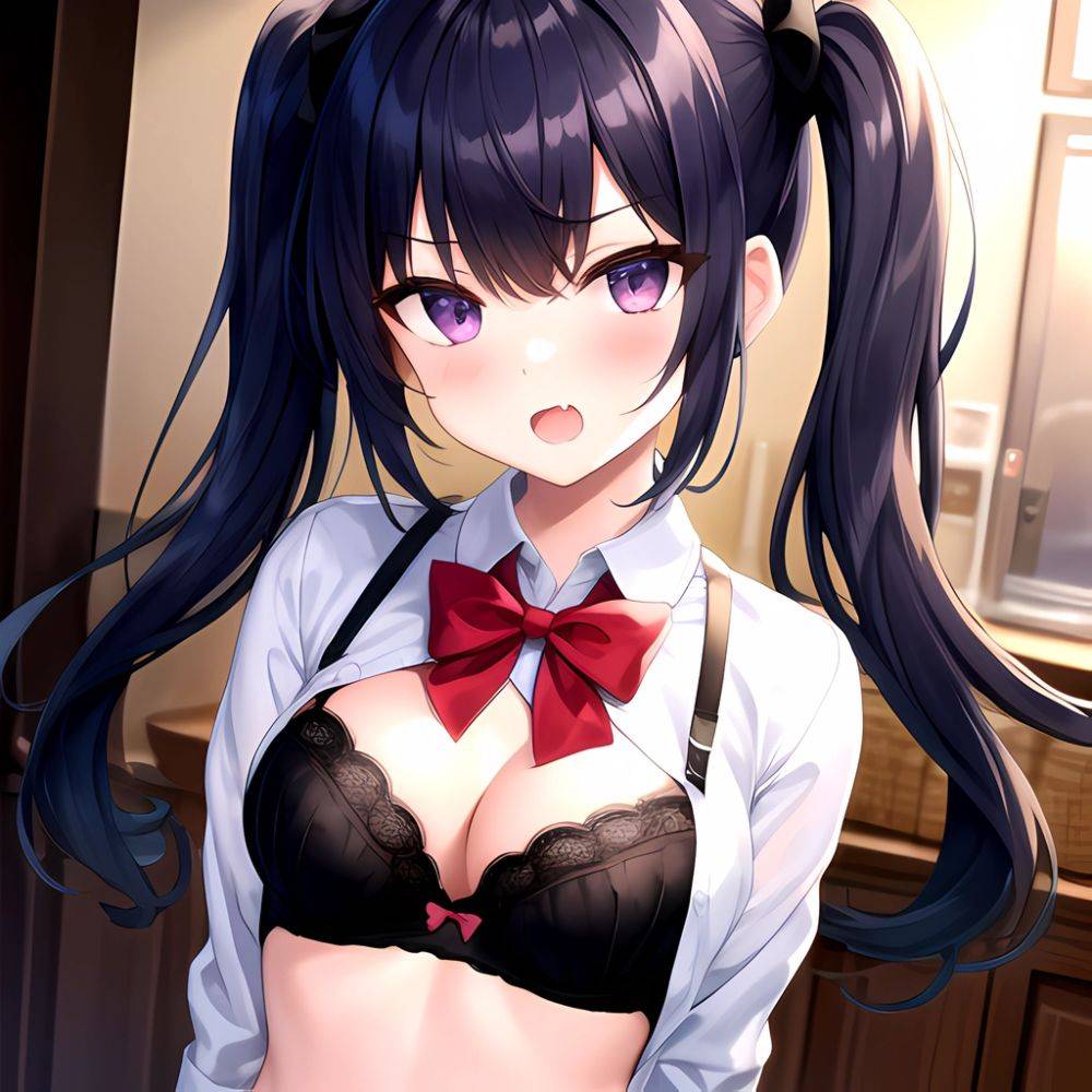 1girl Black Eyes Blue Hair Blush Bow Bowtie Bra Breasts Center Opening Cleavage Collared Shirt Fang Black Bra Hair Intakes, 1916981360 - AI Hentai - #main