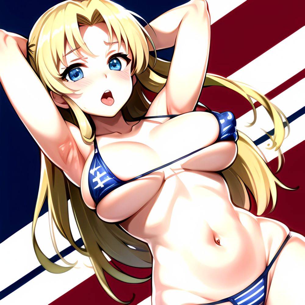 1girl American Flag Bikini Armpits Arms Behind Head Bikini Blonde Hair Blue Eyes Blush Breasts Covered Erect Nipples Flag Print, 810329605 - AI Hentai - #main