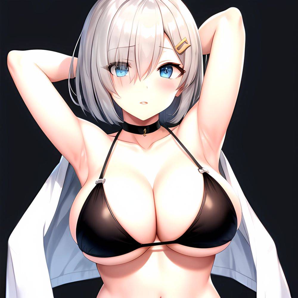 1girl Absurdres Armpits Arms Behind Head Bikini Black Bikini Black Choker Blue Eyes Blush Breasts Choker Cleavage Commentary Req, 3052188257 - AI Hentai - #main