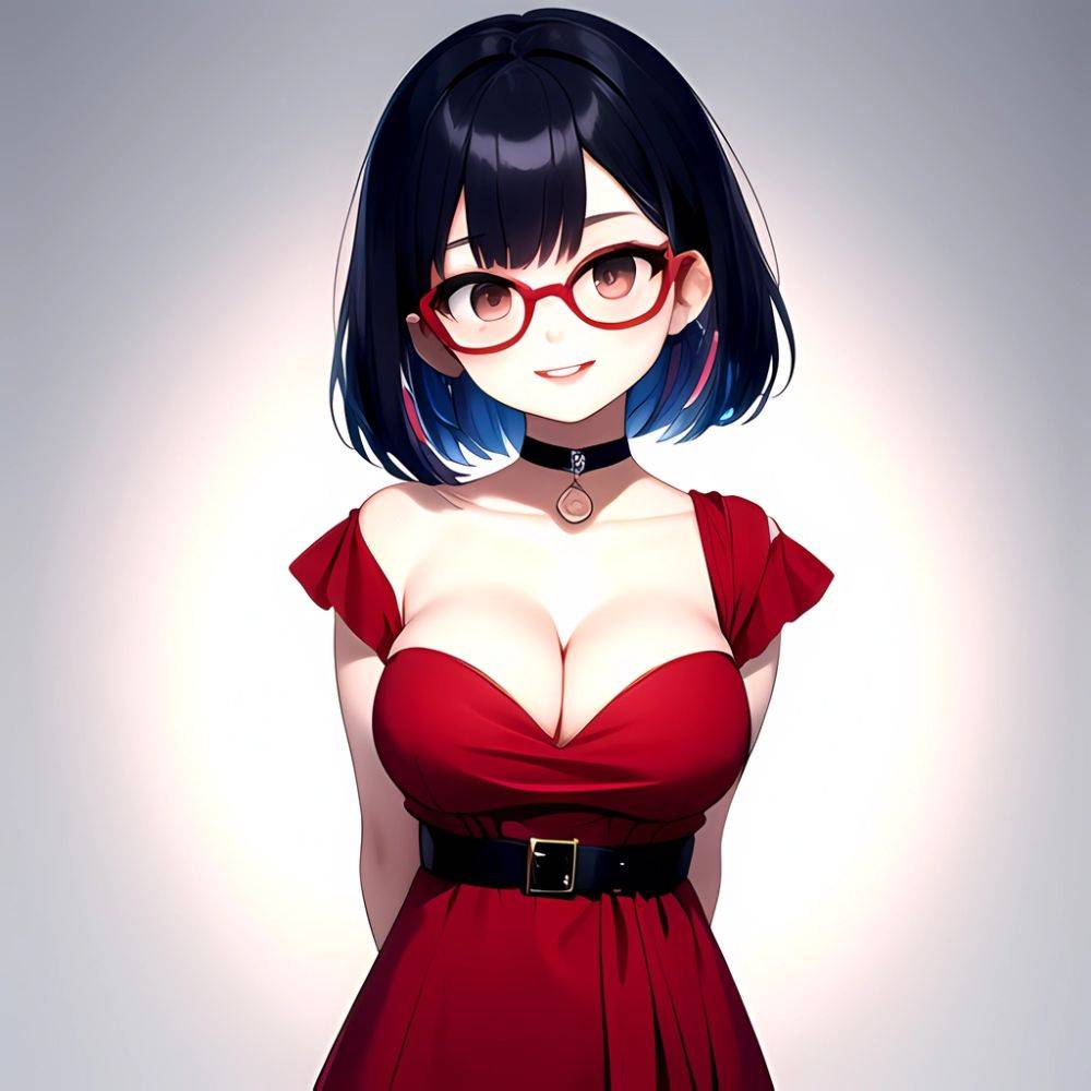 Kson 1girl Black Hair Blue Hair Breasts Brown Eyes Choker Cleavage Collarbone Dress Glasses Gradient Hair Head Tilt Looking At, 365280788 - AI Hentai - #main