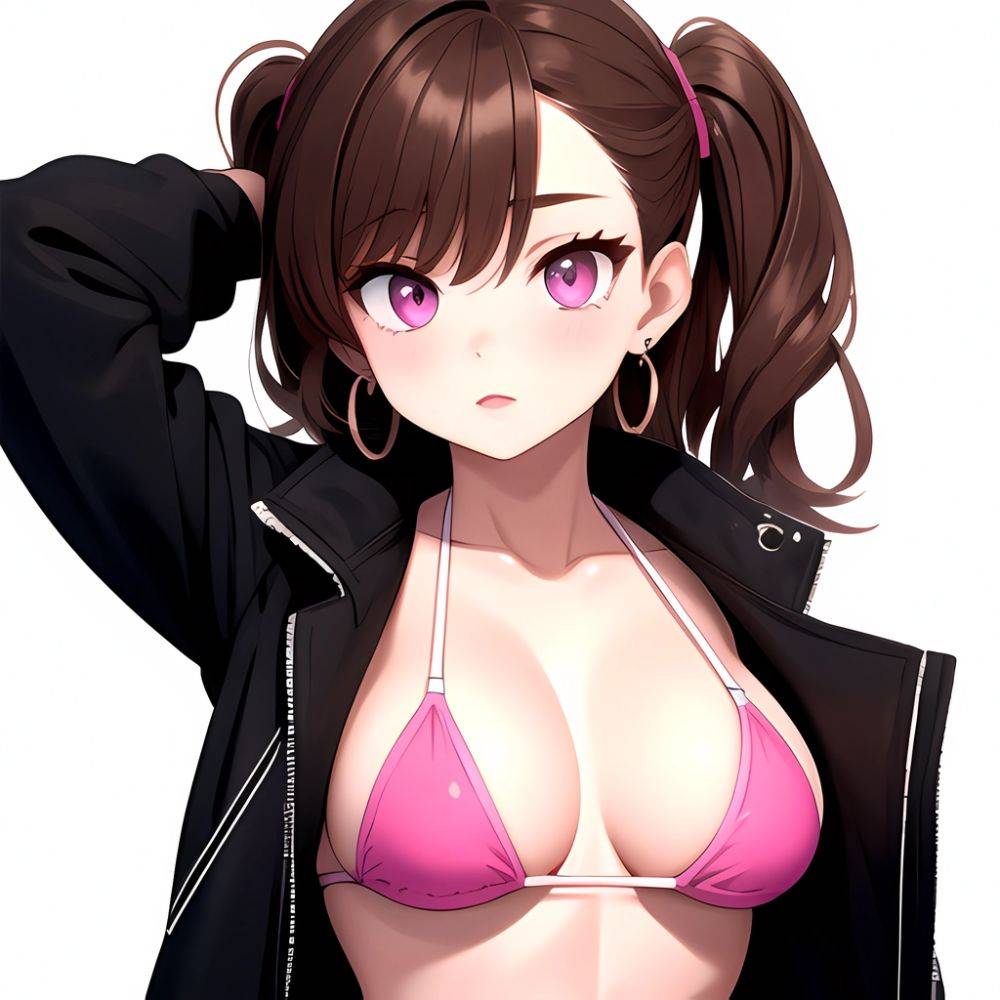 1girl Abs Bikini Breasts Brown Hair Colored Skin Earrings Jacket Jewelry Large Breasts Muscular Muscular Female Nose Piercing No, 1796207994 - AI Hentai - #main