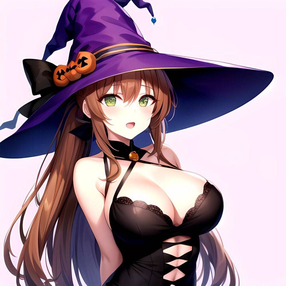 Chinatsu Suzutsuki Kurara 1girl Breasts Brown Hair Green Eyes Halloween Halloween Costume Hat Large Breasts Long Hair Open Mouth, 726397770 - AI Hentai - #main