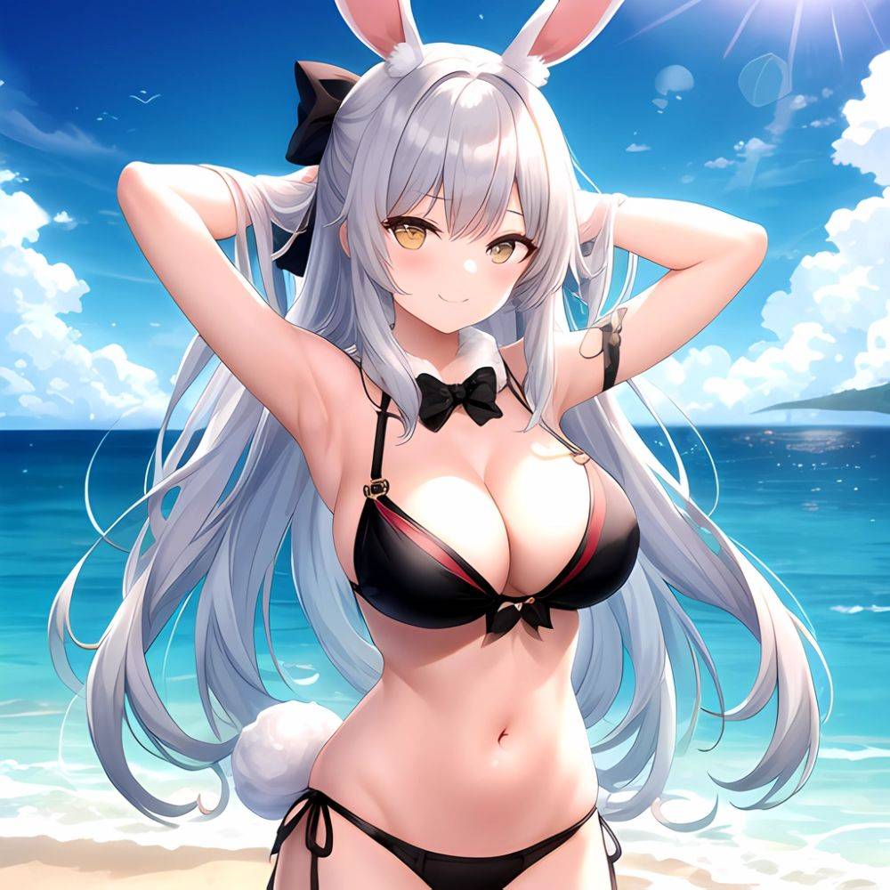 1girl Animal Ears Arms Behind Head Armpits Bare Shoulders Bikini Black Bikini Blue Bow Bow Breasts Cleavage Closed Mouth Cowboy, 1241983131 - AI Hentai - #main