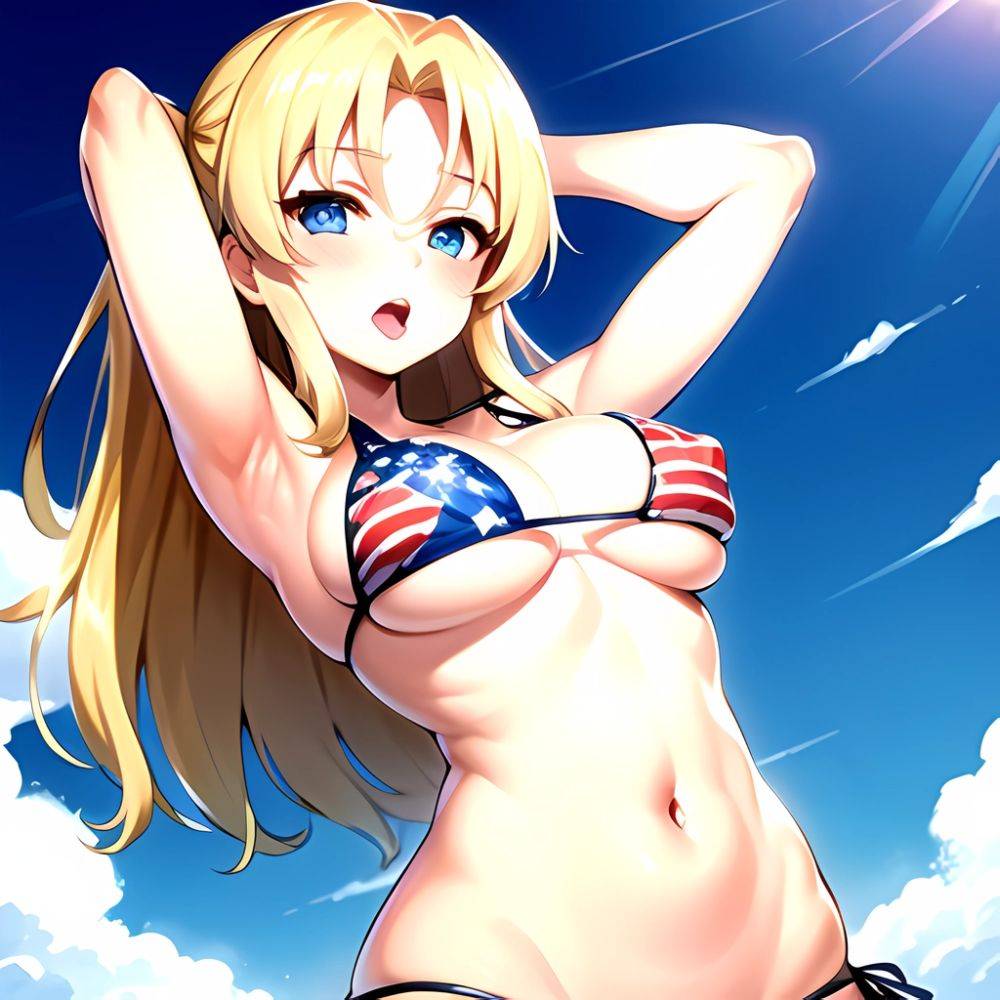 1girl American Flag Bikini Armpits Arms Behind Head Bikini Blonde Hair Blue Eyes Blush Breasts Covered Erect Nipples Flag Print, 1846877875 - AI Hentai - #main