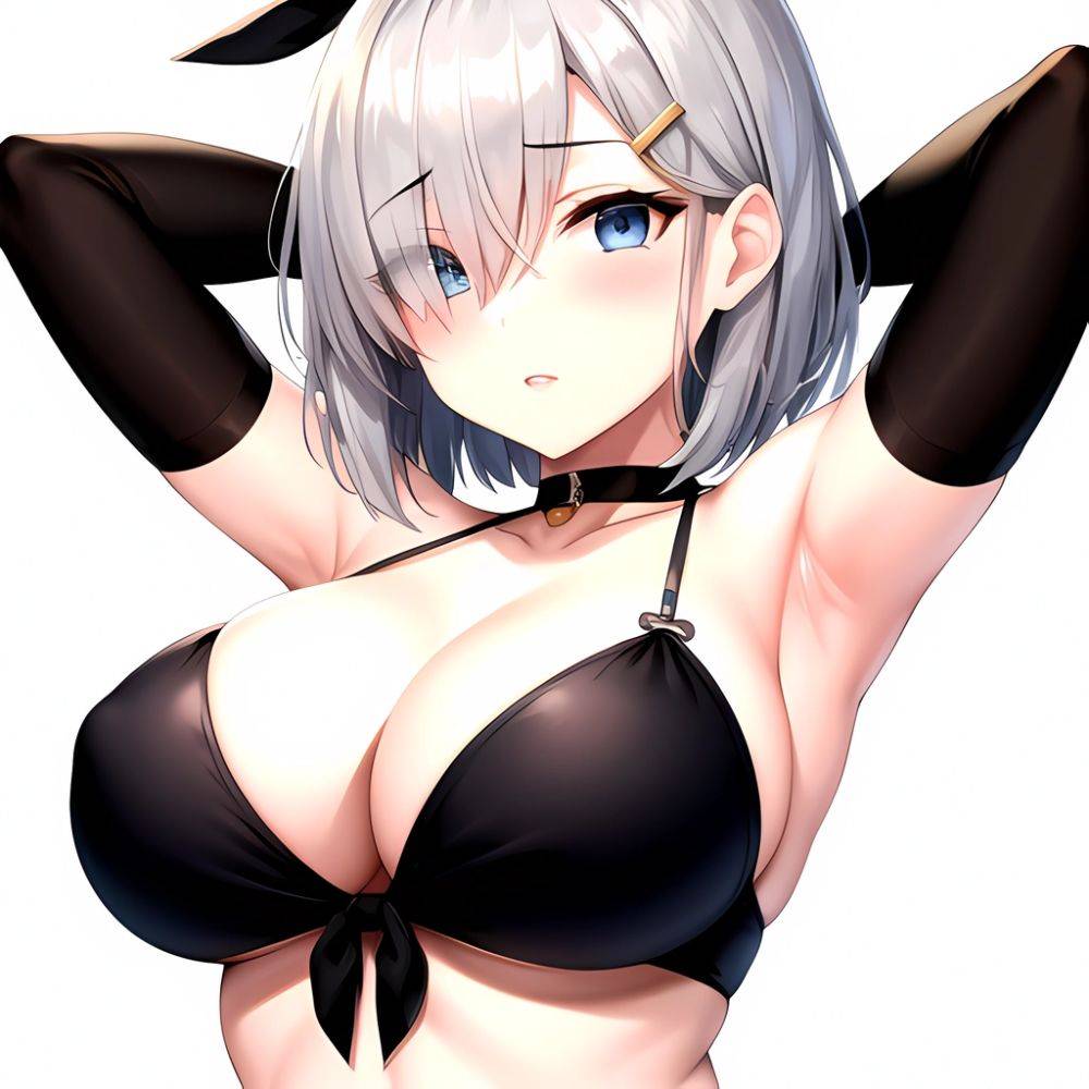 1girl Absurdres Armpits Arms Behind Head Bikini Black Bikini Black Choker Blue Eyes Blush Breasts Choker Cleavage Commentary Req, 2592680911 - AI Hentai - #main