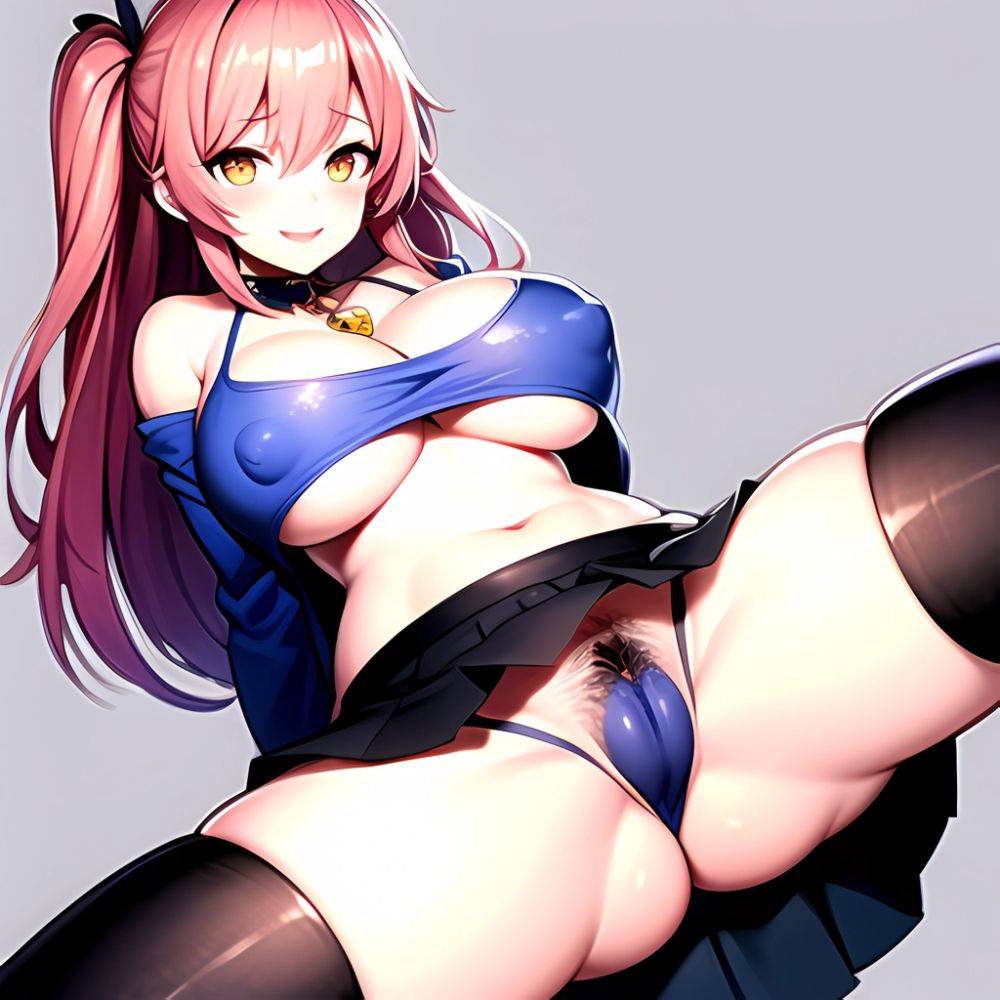1girl Areola Slip Bare Shoulders Blue Shirt Blush Breasts Cameltoe Cleavage Commentary Request Female Pubic Hair Grey Background, 1031188229 - AI Hentai - #main