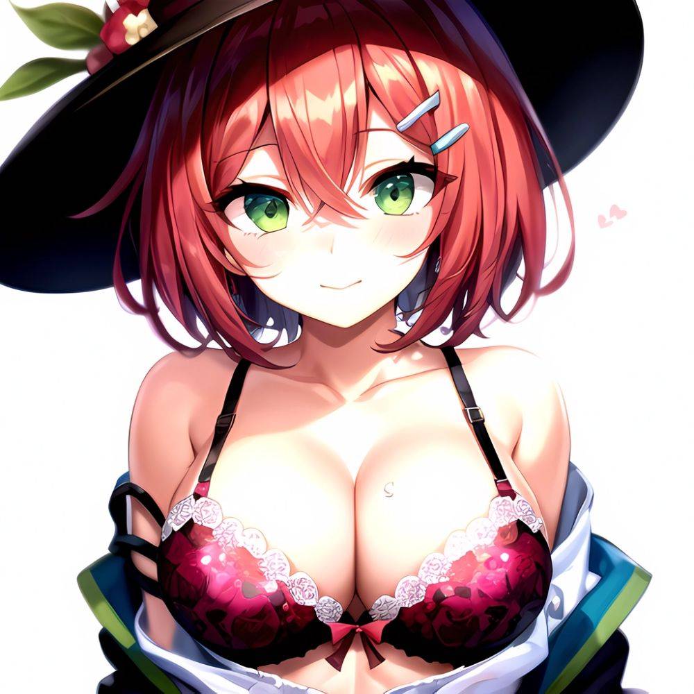 1girl Blush Bob Cut Bra Breasts Cleavage Close Up Closed Mouth Collarbone Commentary Eyelashes Eyes Visible Through Hair Floral, 4084246555 - AI Hentai - #main