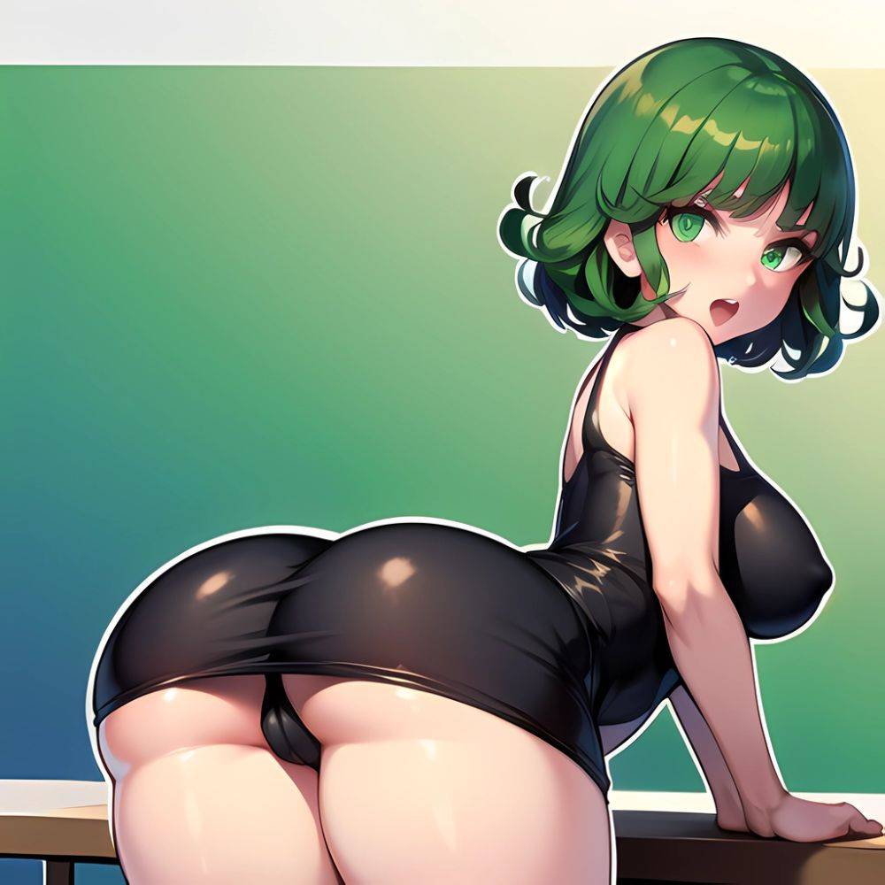 1girl Anger Vein Ass Ass Focus Black Dress Blush Dress From Behind Gradient Background Green Background Green Eyes Green Hair, 364934288 - AI Hentai - #main