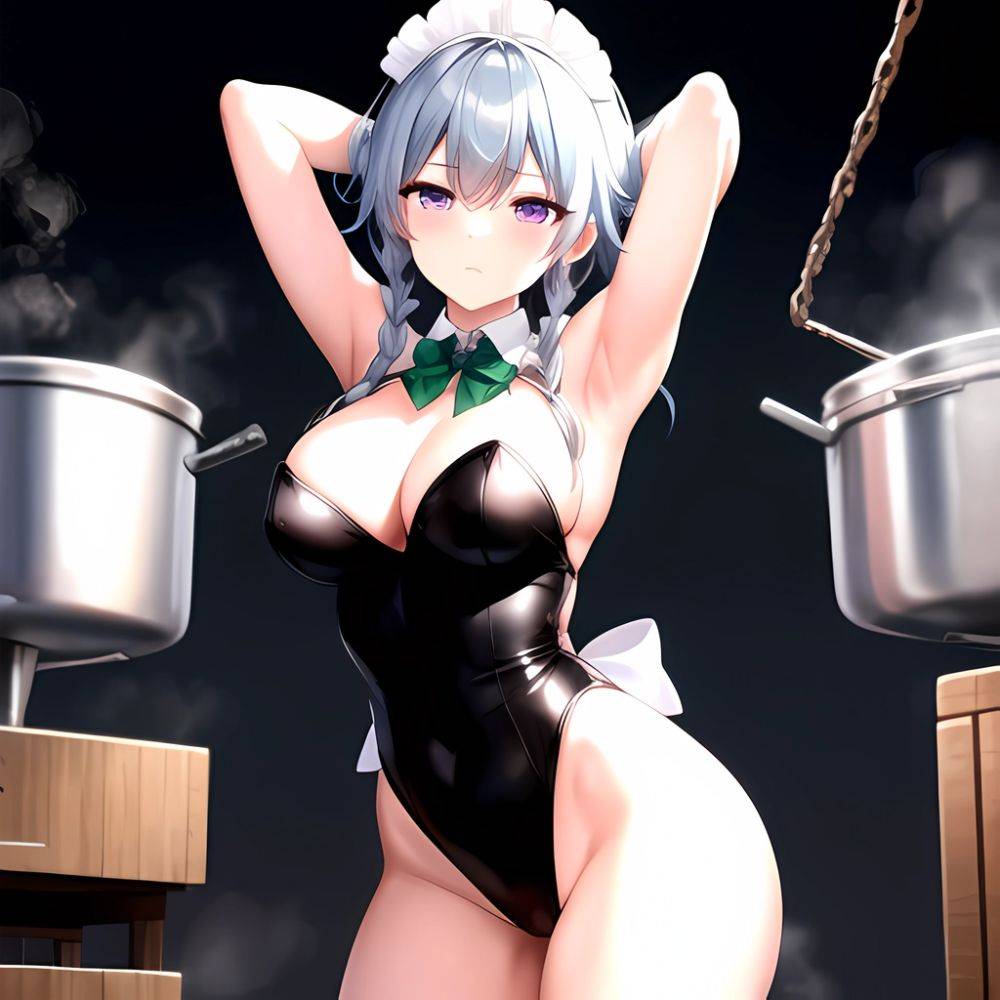 Izayoi Sakuya 1girl Armpits Blue Leotard Bow Braid Breasts Expressionless Gloves Green Bow Grey Hair Large Breasts Latex Latex G, 3798515742 - AI Hentai - #main