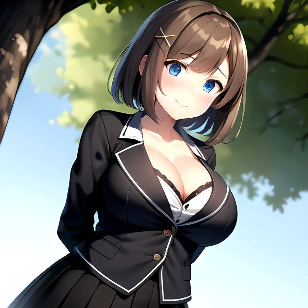 Blue Eyes Breasts Brown Hair Cleavage Large Breasts Short Hair Skirt Maya Kancolle 1girl Alternate Costume Arms Behind Back Blac, 2067913461 - AI Hentai - #main