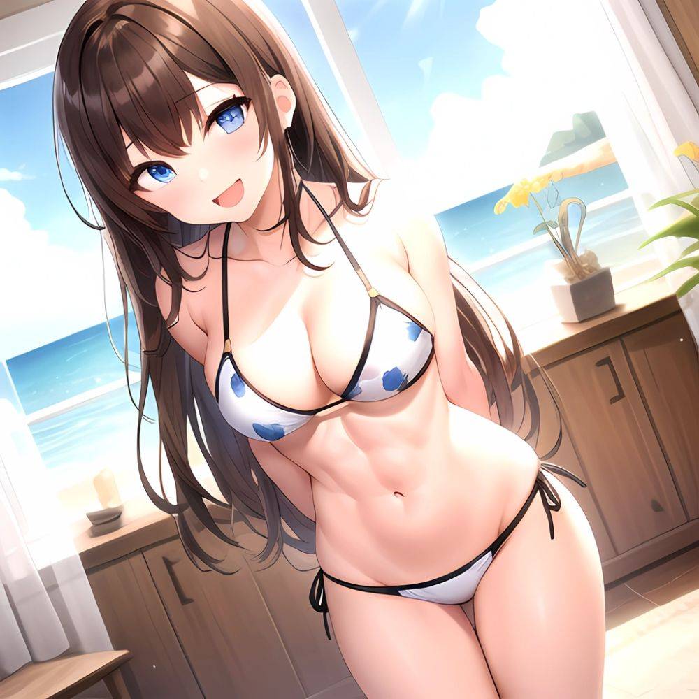 1girl D Abs Alternate Costume Arms Behind Back Asymmetrical Hair Bikini Blue Eyes Blush Breasts Brown Hair Cleavage Collarbone F, 754258862 - AI Hentai - #main