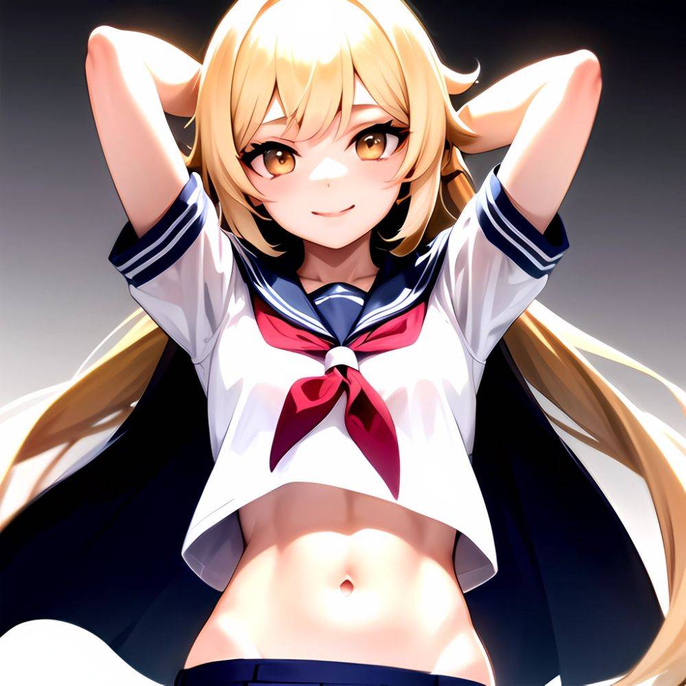 1girl Arms Up Arms Behind Head Blonde Hair Blue Skirt Bow Crop Top Crop Top Overhang Genshin Impact Gradient Background, 345568930 - AI Hentai - #main