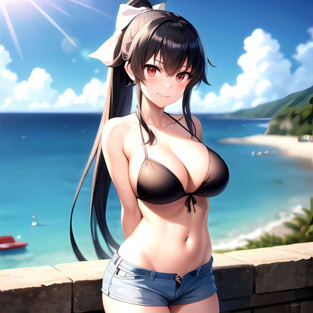 1girl Arms Behind Back Beach Bikini Bikini Under Shorts Black Bikini Black Hair Blurry Blurry Background Breasts Cleavage Closed, 212805732 - AI Hentai - #main