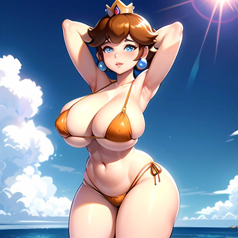 1girl Areola Slip Armpits Arms Behind Head Bikini Blue Eyes Blush Breasts Brown Hair Cleavage Huge Breasts Legs Mario Series, 3894082914 - AI Hentai - #main