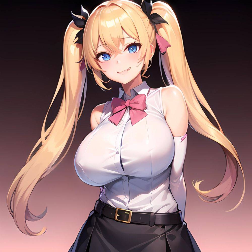 1girl Aymusk Belt Black Skirt Blonde Hair Blue Eyes Blush Bow Bowtie Breasts Curvy Elbow Gloves Fang Gloves Gradient Background, 2891768350 - AI Hentai - #main