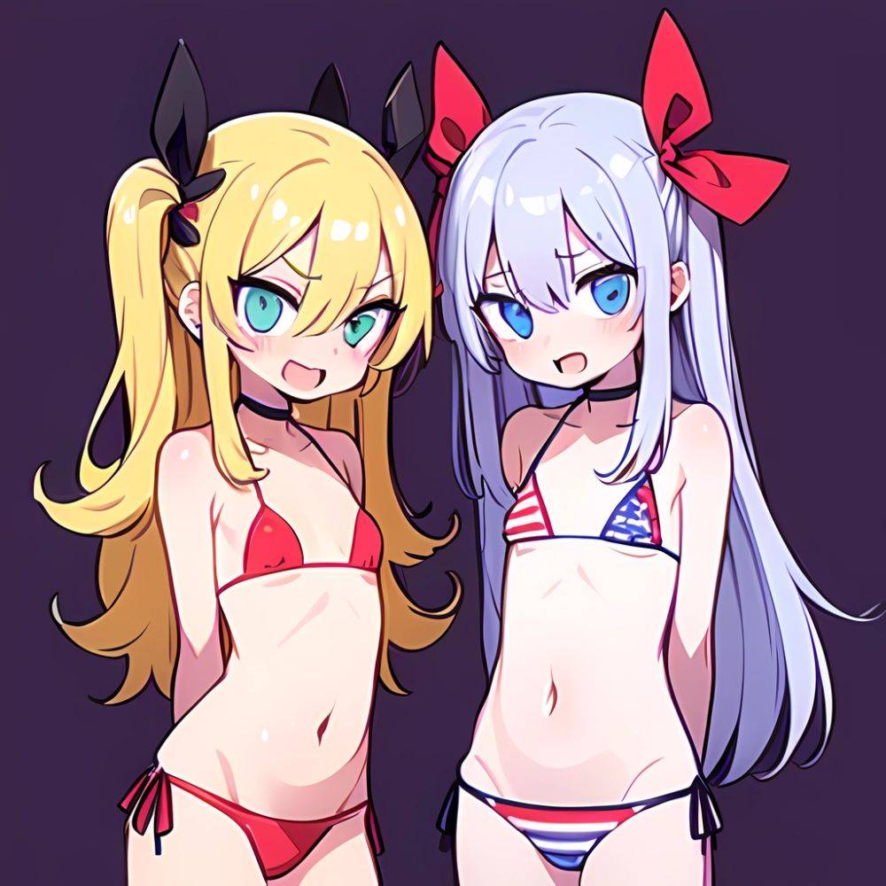 Gabriel Tenma White Raphiel Shiraha Ainsworth 2girls American Flag Bikini Bikini Blonde Hair Blue Eyes Blush Breasts Cross Hair, 3039802562 - AI Hentai - #main