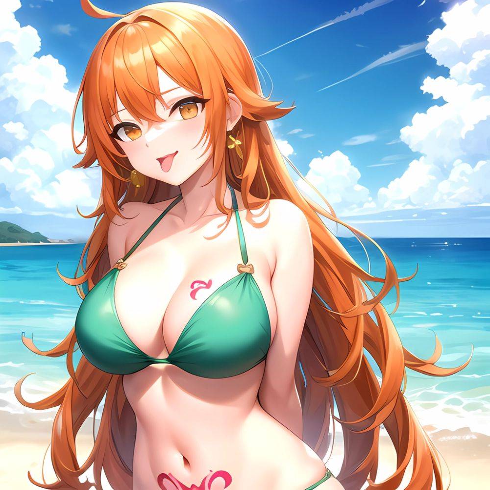 Nami One Piece 1girl Bare Arms Bare Shoulders Bikini Breasts Earrings Green Bikini Groin Jewelry Large Breasts Long Hair Looking, 2156507197 - AI Hentai - #main