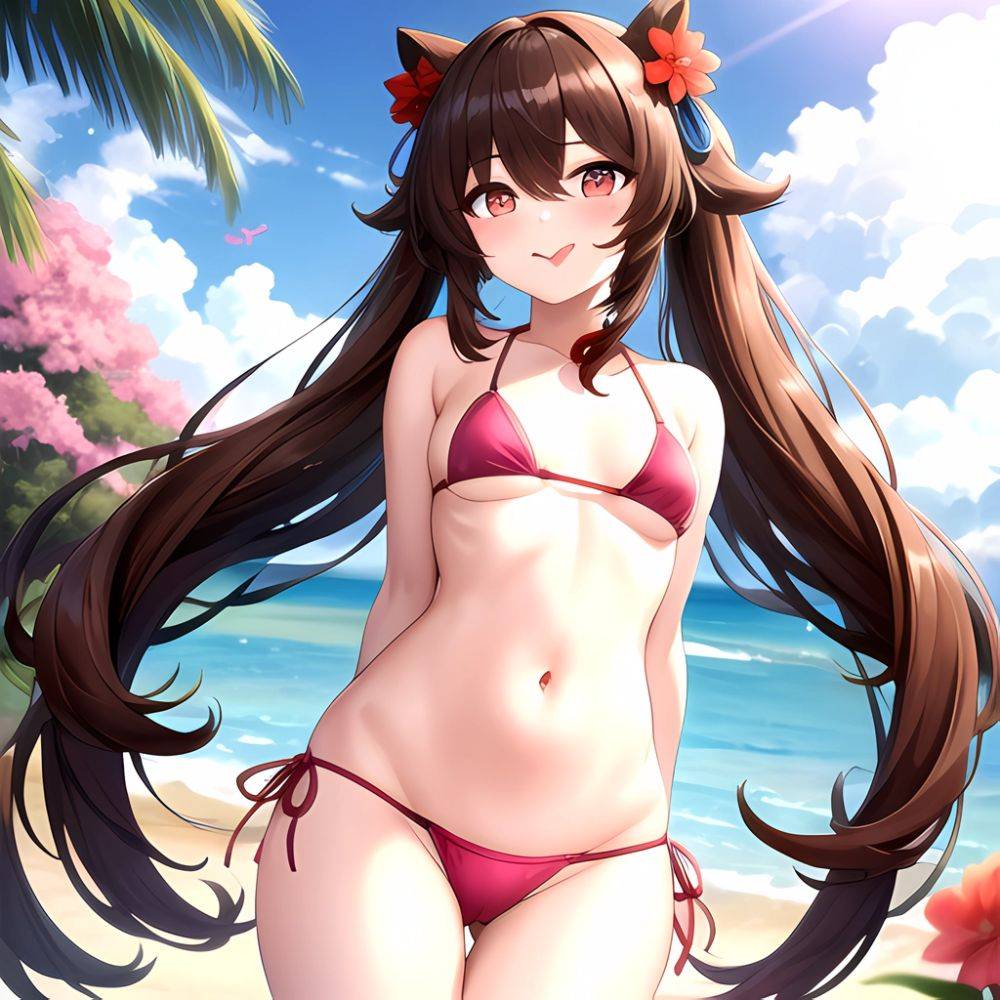 1girl Q Absurdres Arms Behind Back Bikini Blush Breasts Brown Hair Cameltoe Cleft Of Venus Covered Nipples Cowboy Shot Flower, 2159512004 - AI Hentai - #main