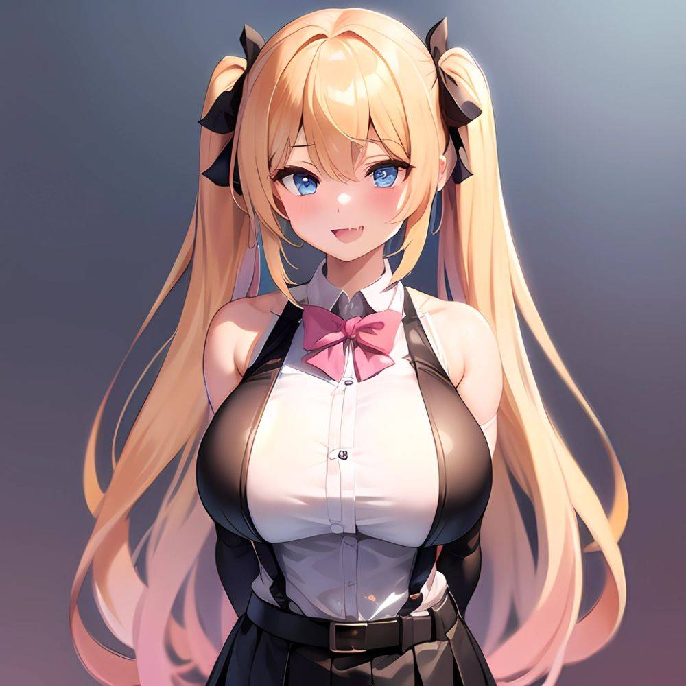 1girl Aymusk Belt Black Skirt Blonde Hair Blue Eyes Blush Bow Bowtie Breasts Curvy Elbow Gloves Fang Gloves Gradient Background, 3915304068 - AI Hentai - #main