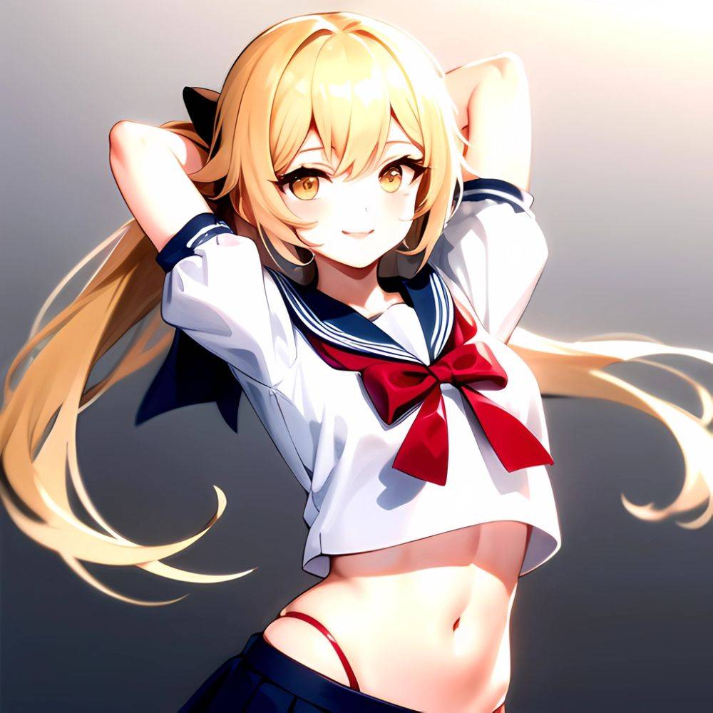 1girl Arms Up Arms Behind Head Blonde Hair Blue Skirt Bow Crop Top Crop Top Overhang Genshin Impact Gradient Background, 2131306126 - AI Hentai - #main
