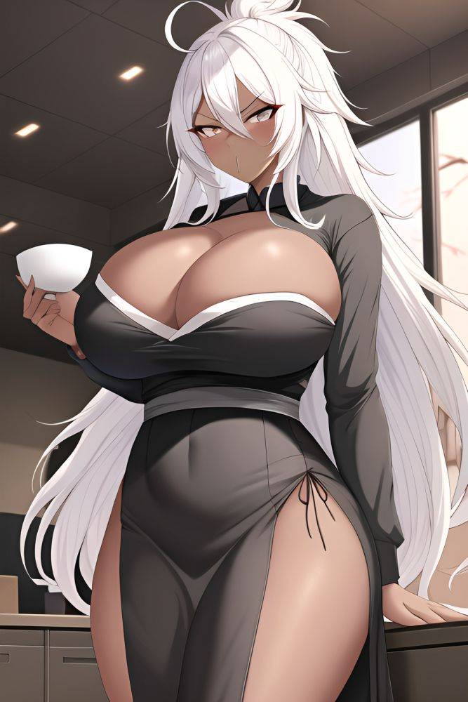 Anime Skinny Huge Boobs 50s Age Serious Face White Hair Messy Hair Style Dark Skin Charcoal Office Front View Eating Geisha 3663078395359677899 - AI Hentai - #main