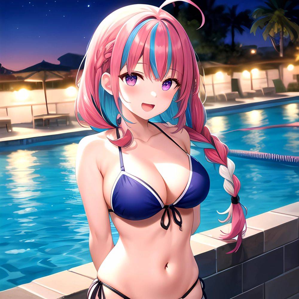 1girl Ahoge Bare Shoulders Bikini Blue Bikini Blue Hair Blush Braid Breasts Cleavage Colored Inner Hair Front Tie Bikini Top, 3568269749 - AI Hentai - #main