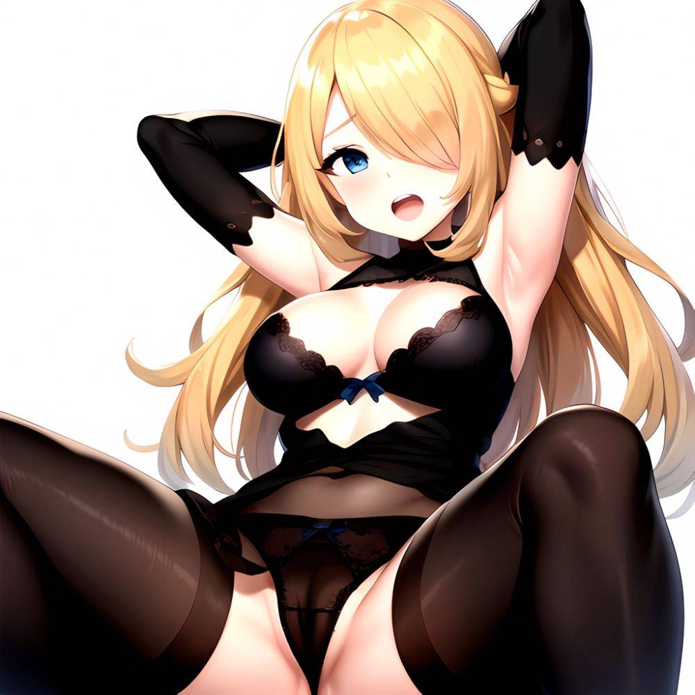 1boy 1girl Armpits Arms Behind Head Arms Up Black Bra Black Panties Blonde Hair Blue Eyes Blush Bra Breasts Clitoris, 1091342643 - AI Hentai - #main