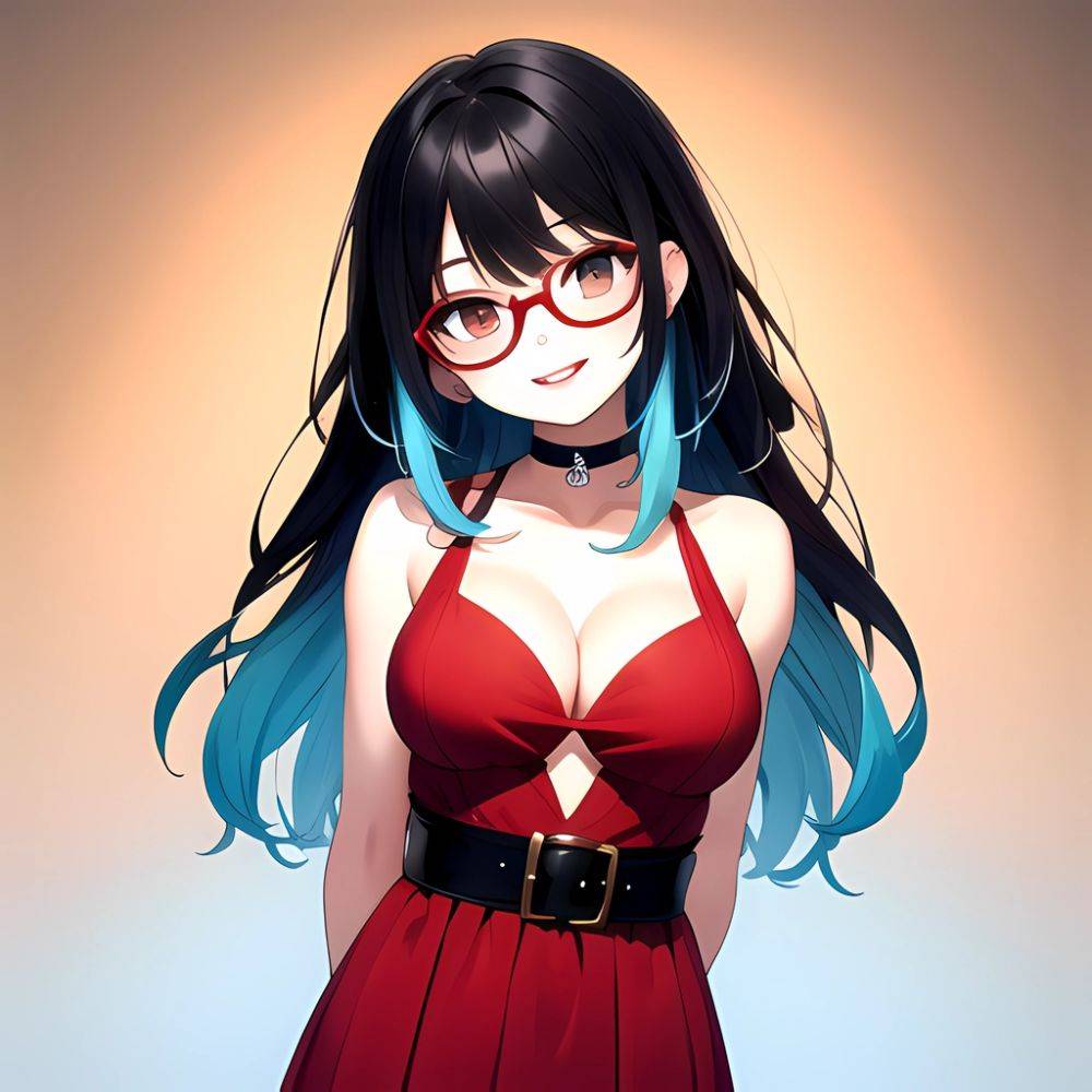 Kson 1girl Black Hair Blue Hair Breasts Brown Eyes Choker Cleavage Collarbone Dress Glasses Gradient Hair Head Tilt Looking At, 4234917553 - AI Hentai - #main