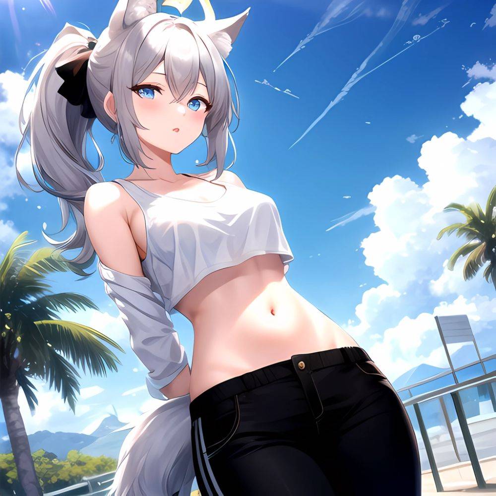 Shiroko Blue Archive 1girl Alternate Costume Animal Ear Fluff Animal Ears Arms Behind Back Black Pants Blue Eyes Blue Sky, 239807686 - AI Hentai - #main