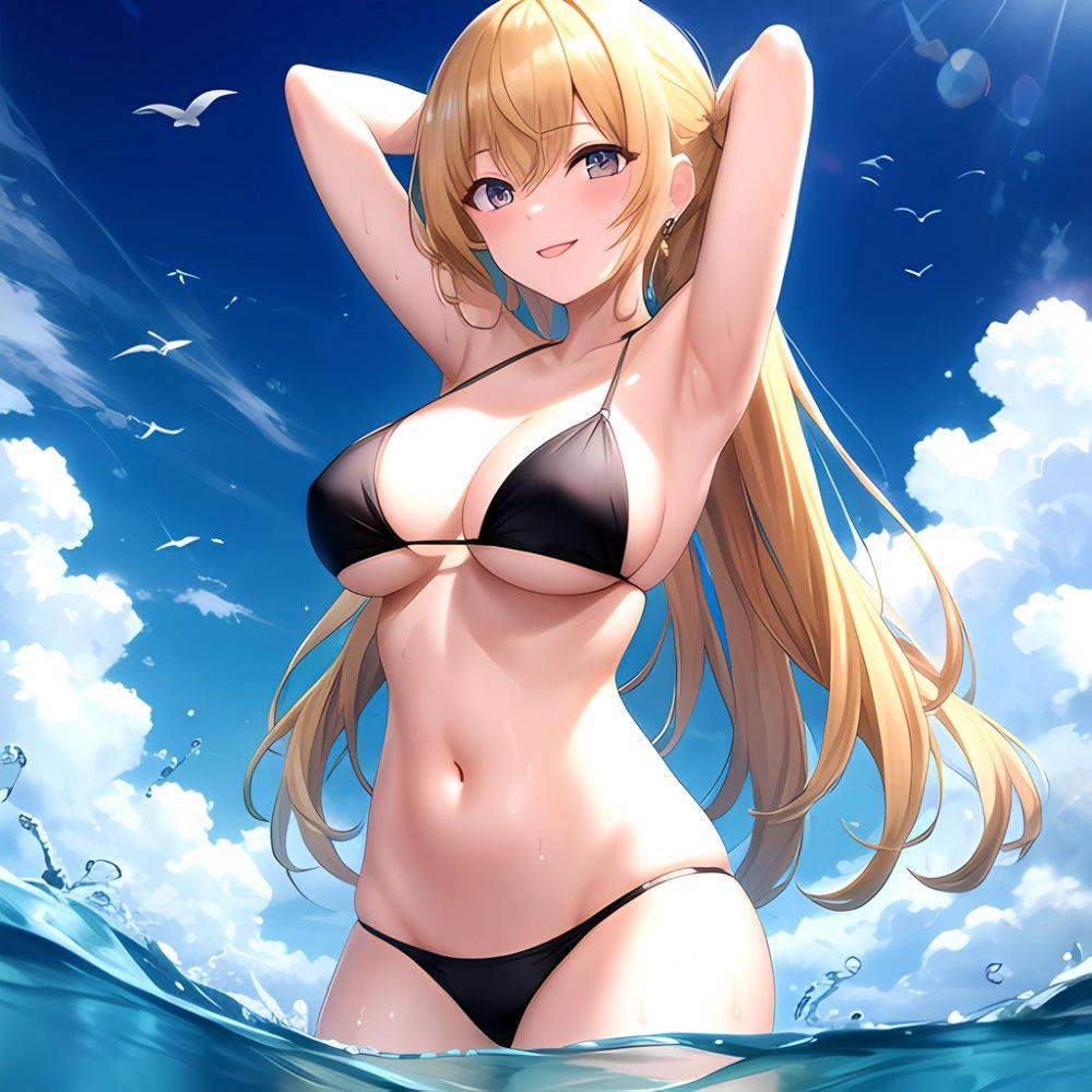 Empress Last Origin 1girl Armpits Arms Behind Head Bikini Bird Black Bikini Blonde Hair Blue Sky Breasts Cloud Gradient Hair, 3123710240 - AI Hentai - #main
