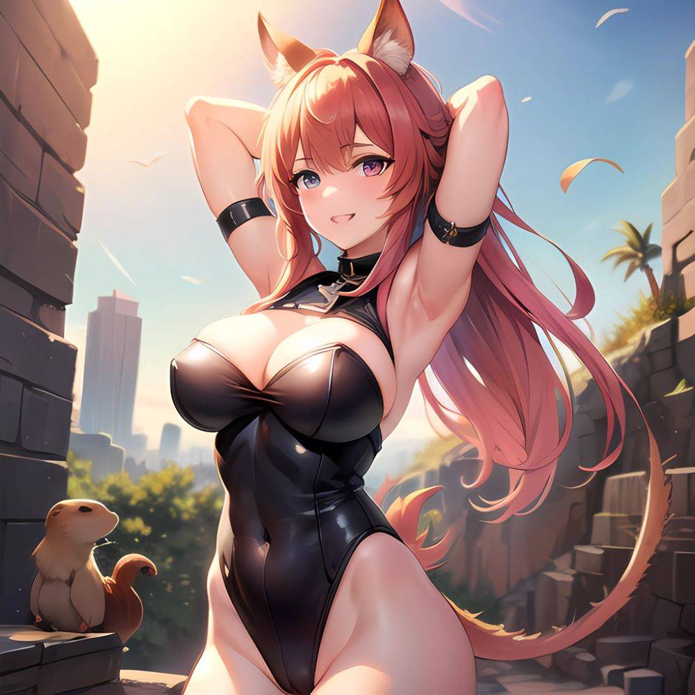 1girl Absurdres Animal Ear Fluff Animal Ears Arknights Arms Behind Head Chest Armor Covered Navel Gravel Arknights Highleg Highl, 4288995577 - AI Hentai - #main