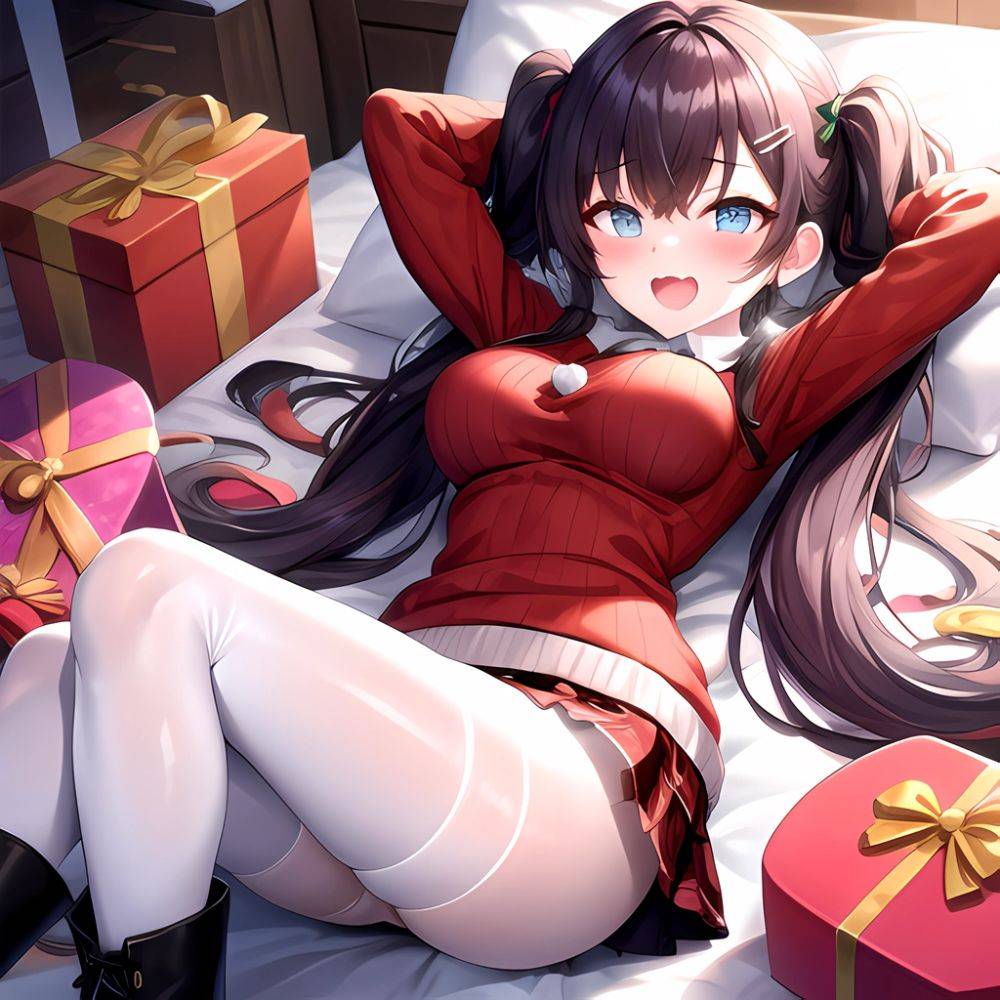 Hanae Blue Archive Hanae Christmas Blue Archive 1girl D Blue Eyes Blush Boots Box Breasts Clothes Lift Come Hither Condom, 1536040109 - AI Hentai - #main