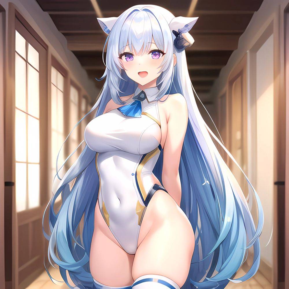 1girl Absurdres Bare Shoulders Batta 16 Sei Between Breasts Blue Hair Blunt Bangs Breasts Covered Navel Gem Gradient Hair Hair, 3637711590 - AI Hentai - #main