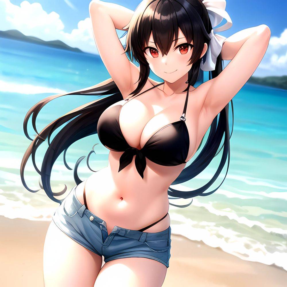 1girl Arms Behind Head Armpits Beach Bikini Bikini Under Shorts Black Bikini Black Hair Blurry Blurry Background Breasts Cleavag, 2737104600 - AI Hentai - #main