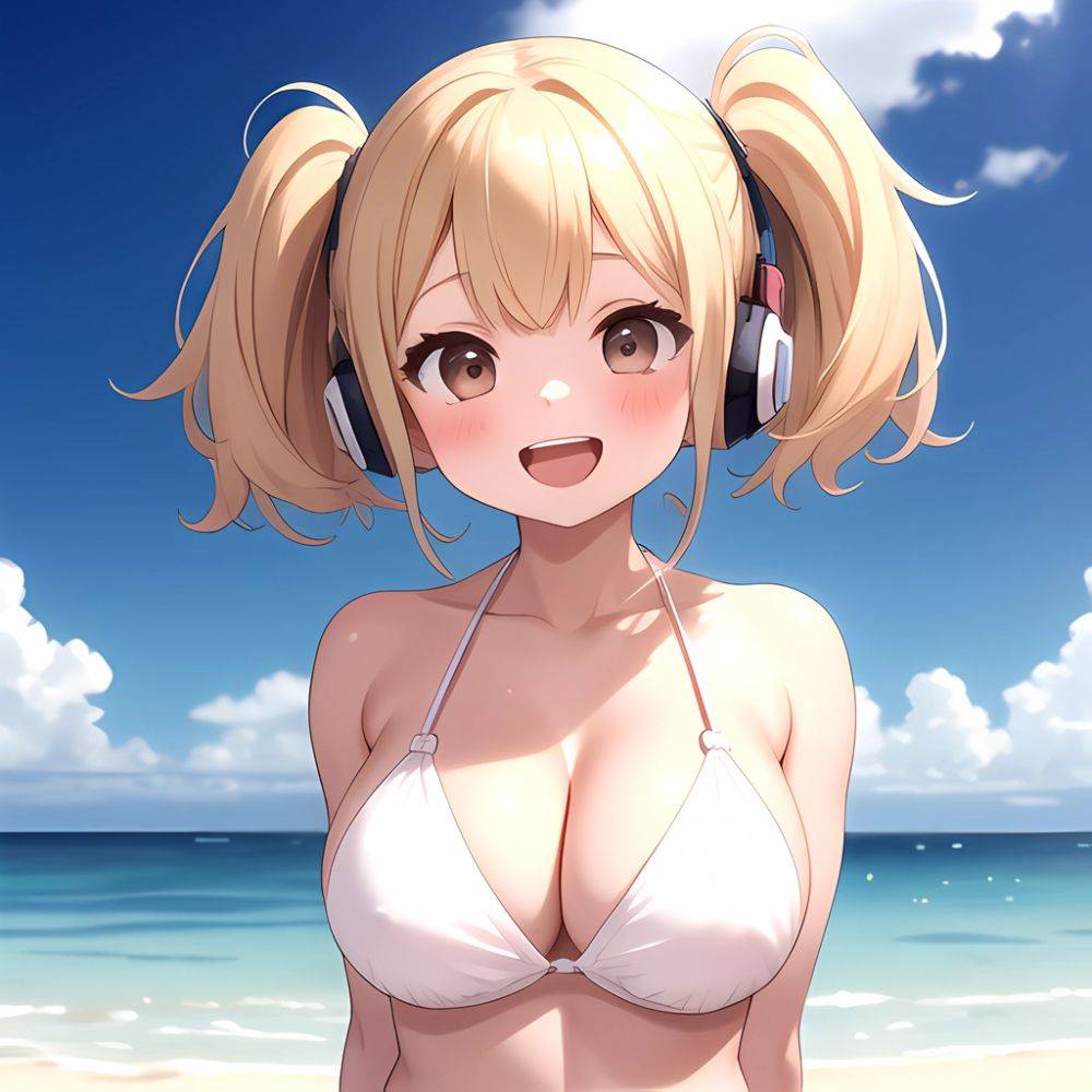 Super Pochaco 1girl Arms Behind Back Bare Shoulders Bikini Blonde Hair Blush Breasts Brown Eyes Cleavage Cowboy Shot Dark Skinne, 94257790 - AI Hentai - #main