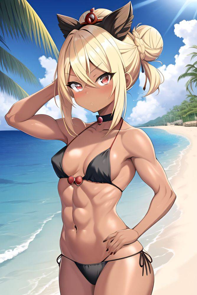 Anime Muscular Small Tits 20s Age Shocked Face Blonde Hair Bun Hair Style Dark Skin Illustration Beach Front View Bathing Geisha - AI Hentai - #main