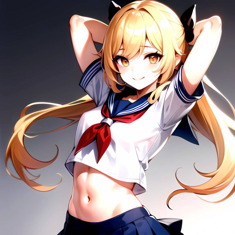 1girl Arms Up Arms Behind Head Blonde Hair Blue Skirt Bow Crop Top Crop Top Overhang Genshin Impact Gradient Background, 3464662063 - AI Hentai - #main