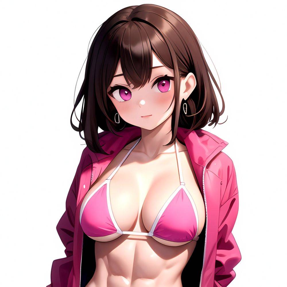 1girl Abs Bikini Breasts Brown Hair Colored Skin Earrings Jacket Jewelry Large Breasts Muscular Muscular Female Nose Piercing No, 4288587065 - AI Hentai - #main