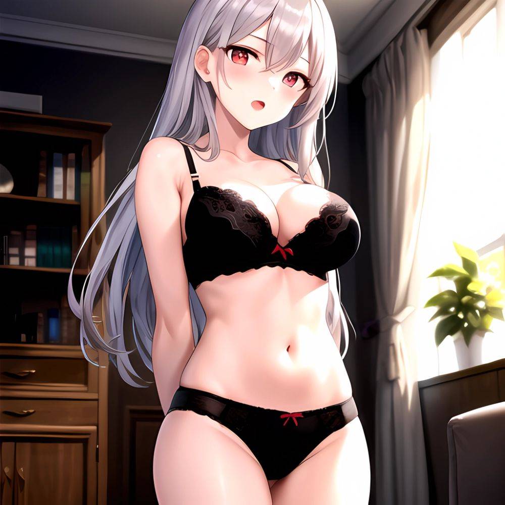 1girl Black Bra Blush Bra Breasts Double Parted Bangs Foreshortening Grey Hair Hair Between Eyes Indoors Large Breasts Long Hair, 2634967357 - AI Hentai - #main