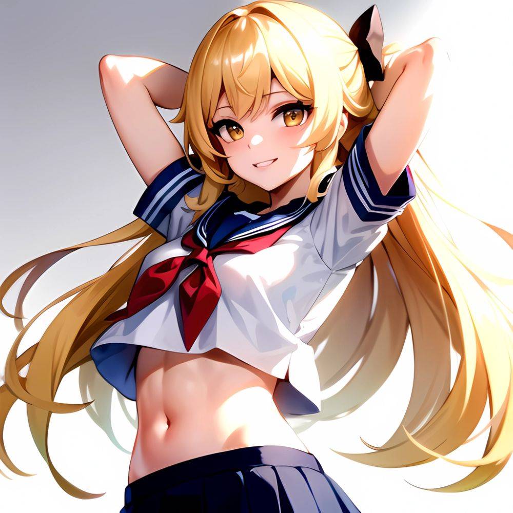 1girl Arms Up Arms Behind Head Blonde Hair Blue Skirt Bow Crop Top Crop Top Overhang Genshin Impact Gradient Background, 934029849 - AI Hentai - #main