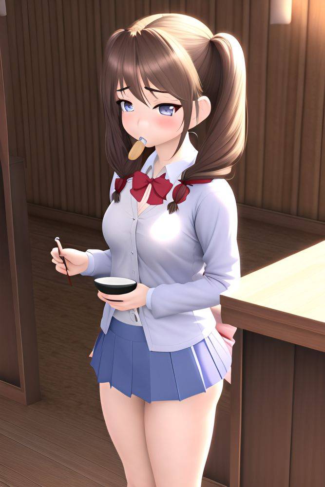 Anime Busty Small Tits 20s Age Sad Face Brunette Pigtails Hair Style Light Skin 3d Bar Front View Eating Mini Skirt - AI Hentai - #main