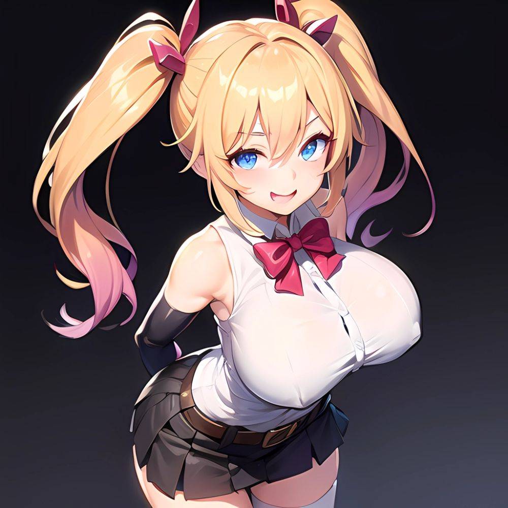 1girl Aymusk Belt Black Skirt Blonde Hair Blue Eyes Blush Bow Bowtie Breasts Curvy Elbow Gloves Fang Gloves Gradient Background, 2691726169 - AI Hentai - #main