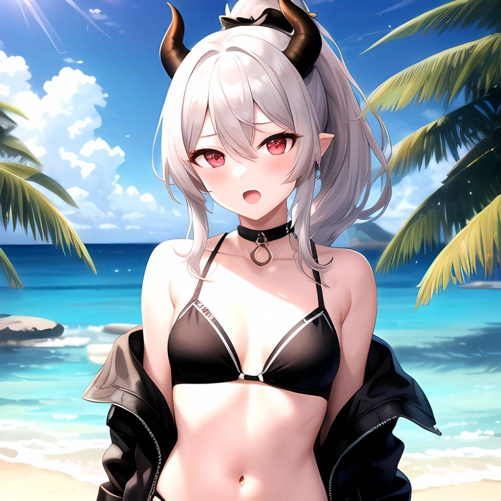 Kayoko Blue Archive 1girl Alternate Costume Bare Shoulders Bikini Black Bikini Black Choker Black Hair Black Horns Black Jacket, 4249243242 - AI Hentai - #main