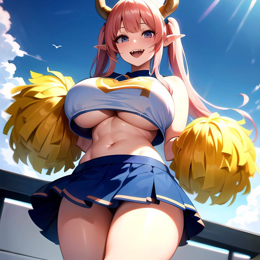 1girl Absurdres Blue Skirt Bluefrok Breasts Cheerleader Dragon Girl Dragon Horns Highres Holding Holding Pom Poms Horns Huge Bre, 1709418978 - AI Hentai - #main