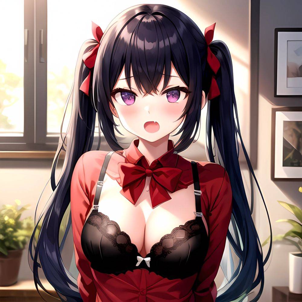 1girl Black Eyes Blue Hair Blush Bow Bowtie Bra Breasts Center Opening Cleavage Collared Shirt Fang Black Bra Hair Intakes, 2799602227 - AI Hentai - #main